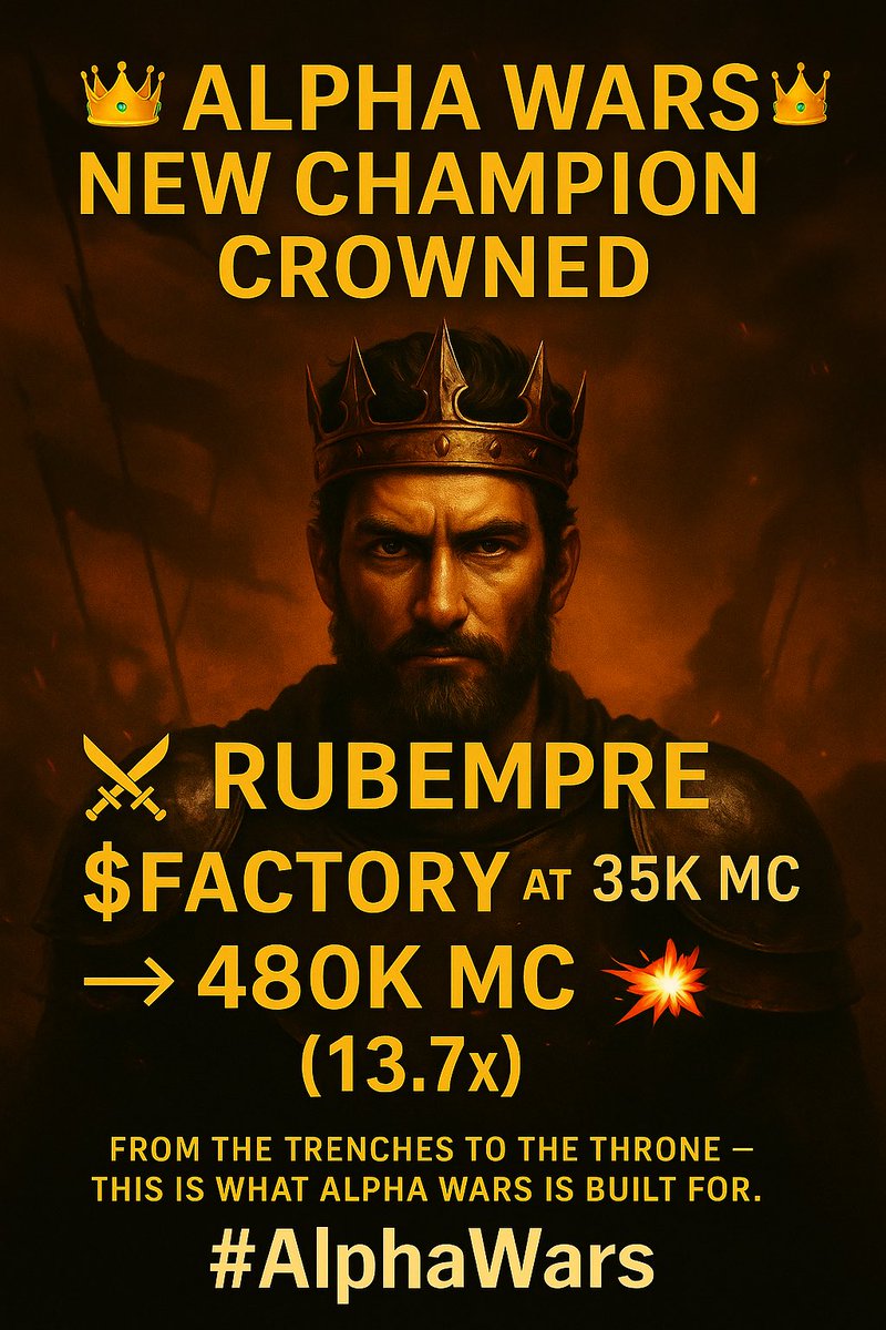 👑 NEW CHAMPION CROWNED – ALPHA WARS 👑

The underdog just turned king.
Rubempre stepped into the arena and dropped a nuclear call:

⚔️ $FACTORY @ 35K MC 🚀 → 480K MC 🔥 (13.7x)

From the trenches to the throne — this is what Alpha Wars is built for.
Who’s next to take the