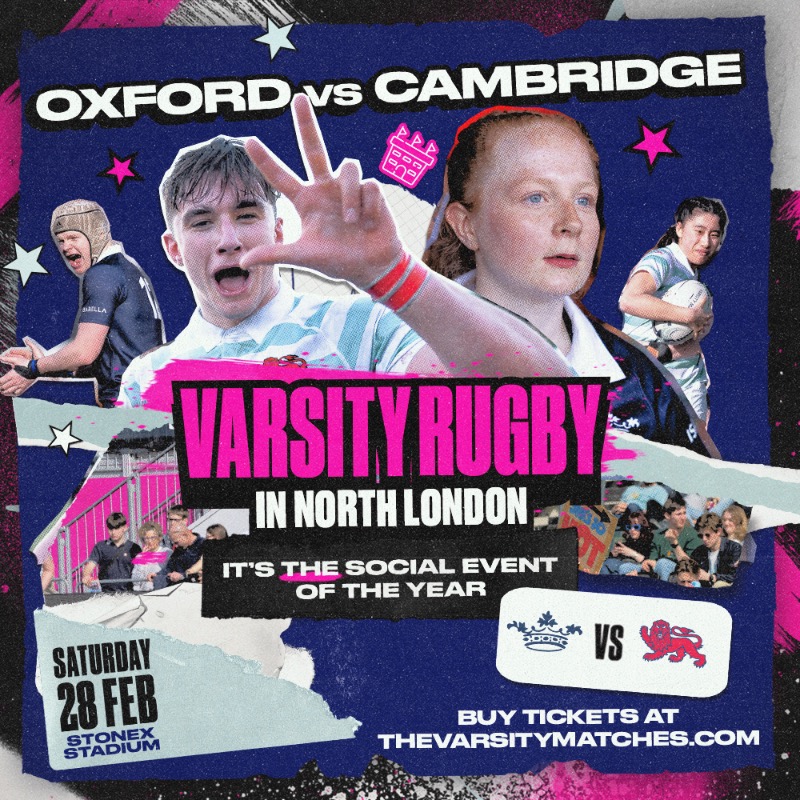 VarsityMatches's tweet photo. 🍻 THE VARSITY MATCHES 2026 🍻
OXFORD vs CAMBRIDGE
🏟️ StoneX Stadium, North London
📅 Saturday 28 February

The rugby is just the excuse...This is the student party of the year! 

📲 Grab your ticket now 👇