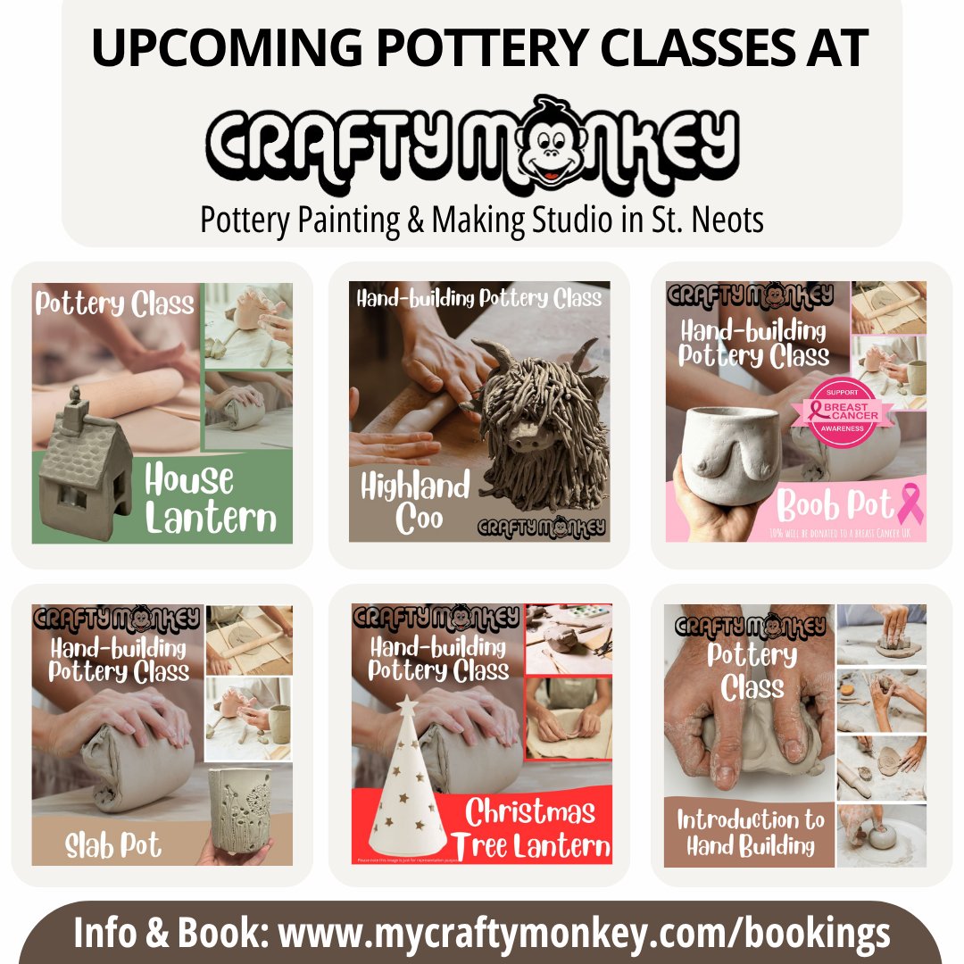 MyCraftyMonkey's tweet image. 🎨 See our upcoming Pottery classes at Crafty Monkey ✨ House Lantern 🐮 Highland Cow 🍑 Boob Pot 🧱 Slab Pots 🎄 Christmas Tree Lanterns 👐 Hand Building Intro📍 St Neots | 📅 Limited spots 🎟️ Book now: wix.to/PD0cN4q #PotteryClasses #CraftyMonkey #StNeotsEvents