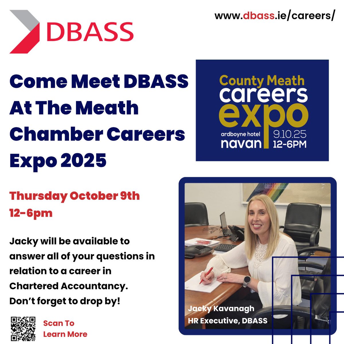 📣 We're attending the <a href="/MeathChambers/">County Meath Chamber</a> Careers Expo!

Join us this Thursday, October 9th, at the Ardboyne Hotel between 12pm and 6pm.  Drop by for a chat on the day or  check out our vacancies below:
dbass.ie/careers/
#DBASSCareers #CareerOpportunities #MeathCareersExpo