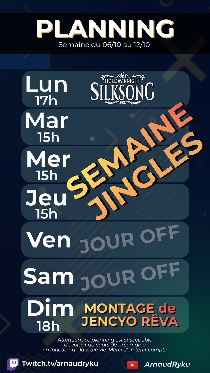 PLANNING DE LA SEMAINE ! 
On se retrouve pour une nouvelle SEMAINE DE L'AUDIO !
 
Cette semaine, c'est full montage et création audio avec, ce dimanche à 18h, la deuxième partie du montage de JENCYO RÊVA ÉPISODE 2 REMAKE ! (cc <a href="/Fhonirium/">Fhonirium</a> )

Et bonne semaine !