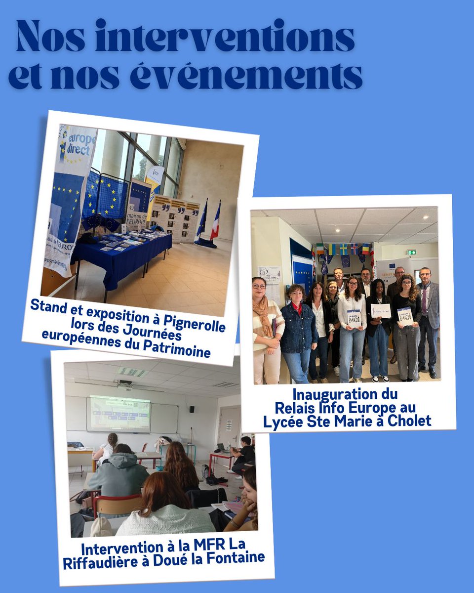 📸Retour en images sur septembre!🇪🇺
👉Au programme: animations aux MFR de St Barthélémy &amp; Doué la Fontaine, stands d'info à la Nocturne internationale, au Campus Day &amp;au château de Pignerolle, Café européen #SOTEU &amp; inauguration du Relais Info Europe au Lycée Ste Marie #Cholet!🤩