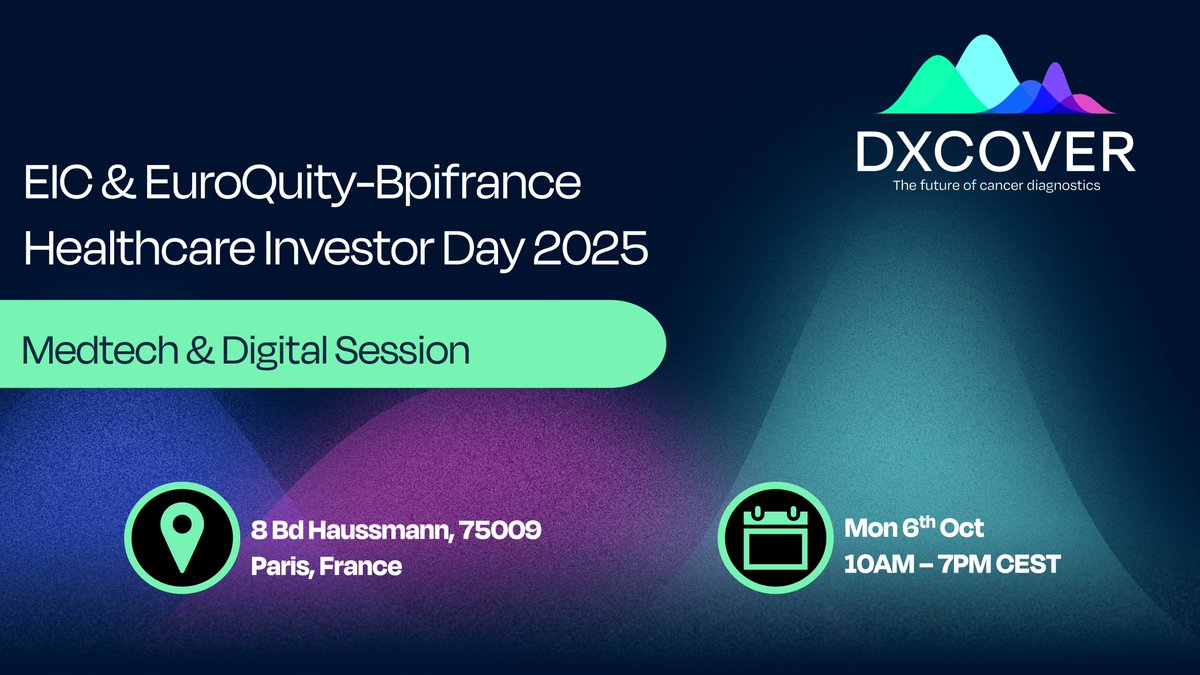 Dxcover's tweet photo. In Paris today pitching the Medtech & Digital session at @EUeic Healthcare investor Day powered by @EuroQuity_eu @Bpifrance! Learn how our #PANAROMIC liquid biopsy & AI platform drives early cancer detection. Visit: https://t.co/8UPqY2eJPR
#MedTech #EarlyDetection #UKCA #CEIVDR https://t.co/u7Gd3W0I8X