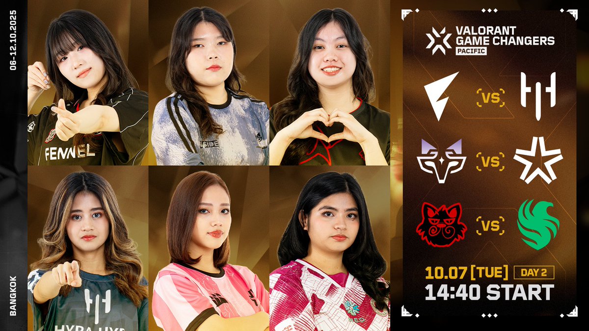 #VCTGameChangers Pacific DAY 2

 10/7(火) - 14:40 START👊
🔴youtu.be/UJwKVo31rTo
🟣twitch.tv/valorant_jpn 

⚔️Match 1
<a href="/FENNEL_official/">FENNEL</a> vs <a href="/hypahypaesports/">Hypa Hypa Esports</a>

⚔️Match 2
<a href="/NinetailsGC/">Ninetails</a> vs <a href="/asterisk_sports/">Asterisk</a>

⚔️Match 3
<a href="/XiptoEsports/">Xipto</a> vs <a href="/TeamFalconsGG/">Team Falcons</a>

#VCT #VCTGameChangers