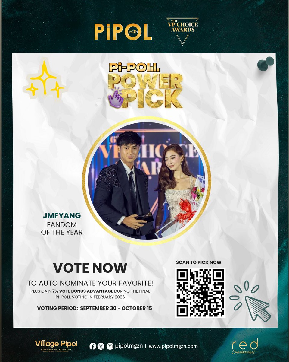 pipolmgzn's tweet photo. Is #JMFyang your pick for Fandom of the Year?

Use your #7thVPChoiceAwards Pi-PoLL Power Pick now to auto-nominate and secure their spot as an official nominee for the #7thVPCA — plus get a 7% vote bonus in the Final #PiPoLL voting this February 2026.

Cast your votes now via the Web Voting Portal powered by Choicely 👉 https://t.co/5TOzLS9eYG

More details here: https://t.co/rAjZS5LWgK

#VPChoiceAwards #PiPoLLPowerPick #PIPOLmgZn #VillagePipol

@vpchoiceawards  @villagepipol