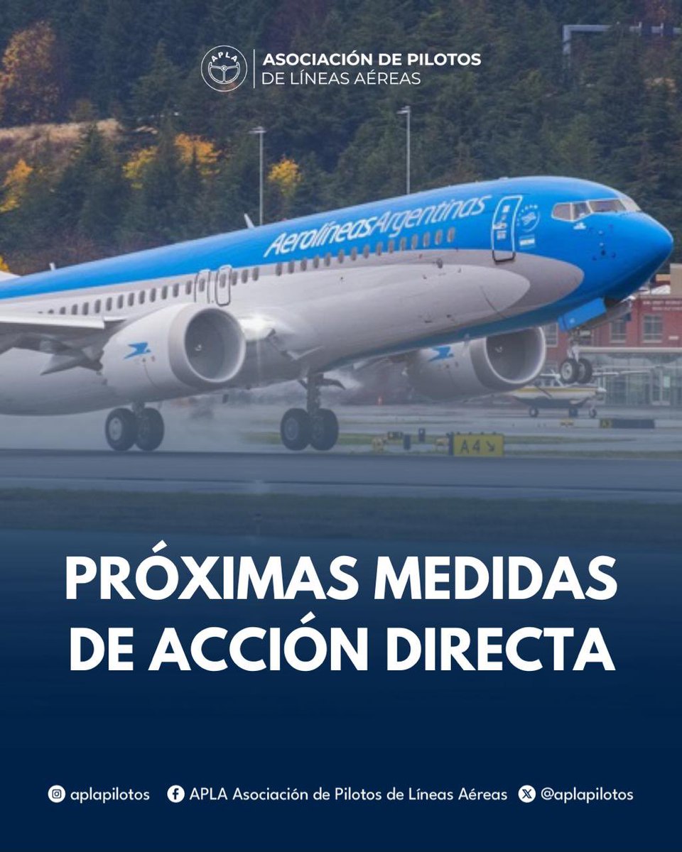 aplapilotos's tweet image. 𝗣𝗥𝗢́𝗫𝗜𝗠𝗔𝗦 𝗠𝗘𝗗𝗜𝗗𝗔𝗦 𝗗𝗘 𝗔𝗖𝗖𝗜𝗢́𝗡 𝗗𝗜𝗥𝗘𝗖𝗧𝗔

Una vez más, la demora intencionada por parte de Aerolíneas Argentinas en las negociaciones paritarias, en un contexto de retraso salarial, representa una nueva provocación por parte de esta administración.…