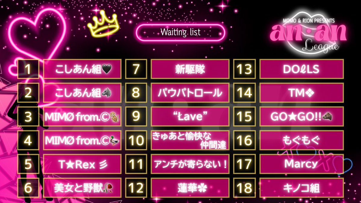 sumeragi_eni's tweet photo. 本日22時～エニ配信☘️

♥an・anリーグ 𝐃𝐚𝐲1♥

2ヶ月目に入るan・anりーぐ！
前回惜しくも1位を逃した主催者チームこしあん組！今月はどうなるか！？

今回は18チームが参戦！！

果たして良きスタートを切るチームはどのチームか！？

間もなく開始！！

https://t.co/AwWZ3YGK4M https://t.co/YgMAKyrY3N