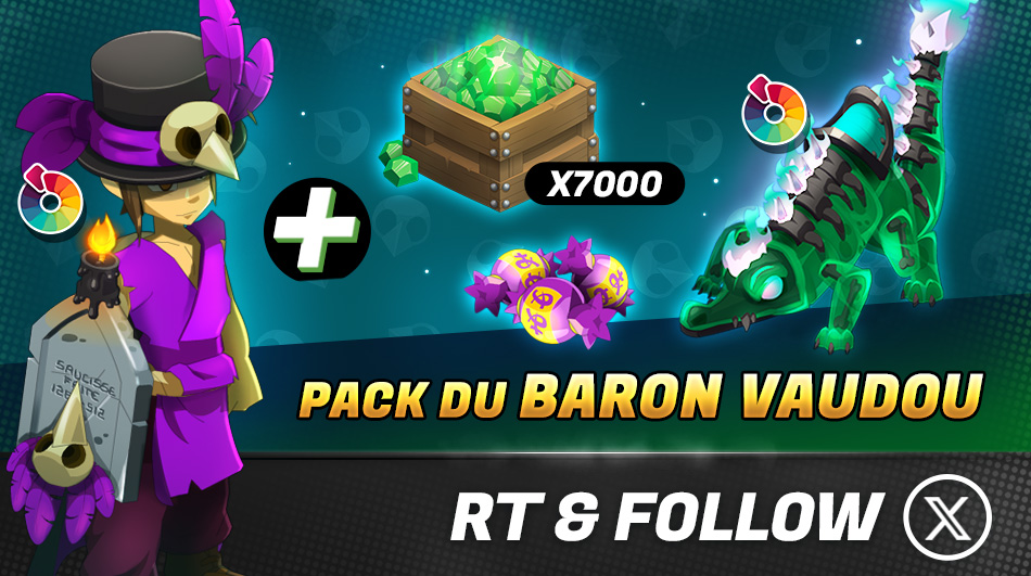 DofusTouch's tweet image. 🐊 Lancez de mauvais sorts à vos ennemis ou jouez simplement à la poupée (vaudou évidemment) avec le Pack Baron Vaudou !

🔁 RT + Follow pour tenter de remporter un pack du Baron Vaudou !