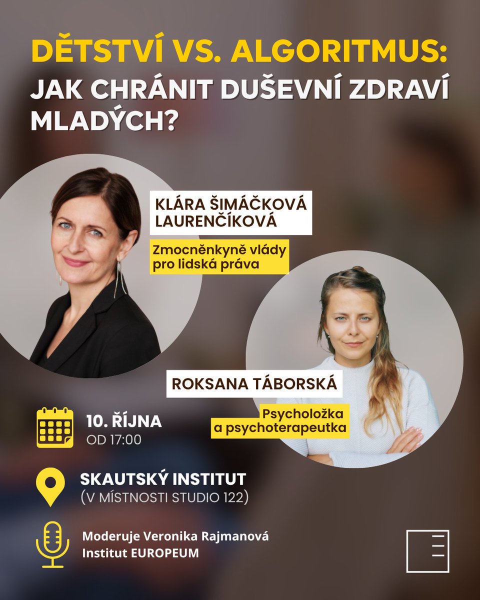 Už tento pátek!

👉 Jak permanentní online přítomnost ovlivňuje psychickou pohodu dětí?
👉 Jak na její rizika mohou reagovat nejen rodiny, ale i školy a podpůrné profese? 

Přijďte diskutovat s našimi hosty Klárou Šimáčkovou Laurenčíkovou a Roksanou Táborskou!

Odkaz na událost: