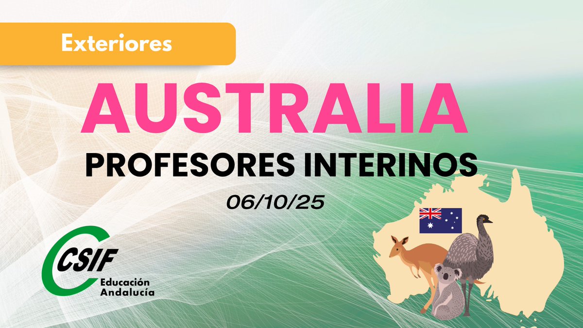 CSIFenseA's tweet image. 🌏 #AUSTRALIA: Convocatoria interinos 2025-2026
📋 El Ministerio de Educación, FP y Deportes ha publicado la convocatoria para la formación de listas de aspirantes a puestos docentes en programas educativos en el exterior.

✅ESPECIALIDADES CONVOCADAS:
Cuerpo de Maestros:
-…
