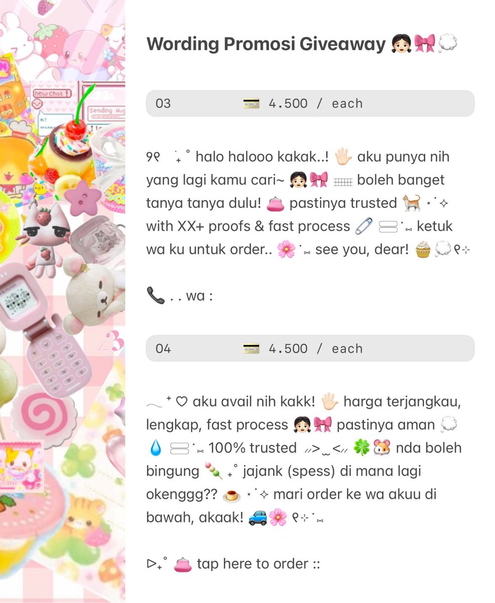 help repost please? thanks ♡‌

GIVEAWAY :: 👧🏻🎀 ada 4 wording promosi yang bisa diclaim secara FREE 💬 — edisi birthday kak <a href="/zoyuree/">𝓨uree, jastag! ♡</a> . . ( bisa dimodif &amp; ganti emoji ) 👛 ^___^ yuk join~ ⭐️

🛒 . . rules 
repost tweet ini
reply wish untuk kak yuree di bawah!

#zonauang gratis