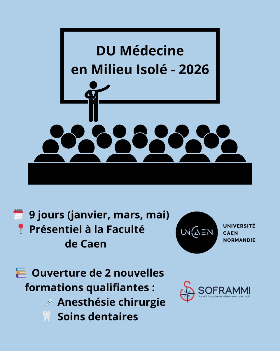 soframmi's tweet image. Le DU de Médecine en Milieu Isolé revient, de janvier à mai 2026, à Caen !
Inscriptions ouvertes jusqu’au 15/10 ⏳

2 formations auront lieu en parallèle :
💉 Anesthésie/Chirurgie isolé (20-23 janvier)
🦷 Soins dentaires isolé (18-22 mai)

Plus d’info : soframmi.fr/actualites/du-…