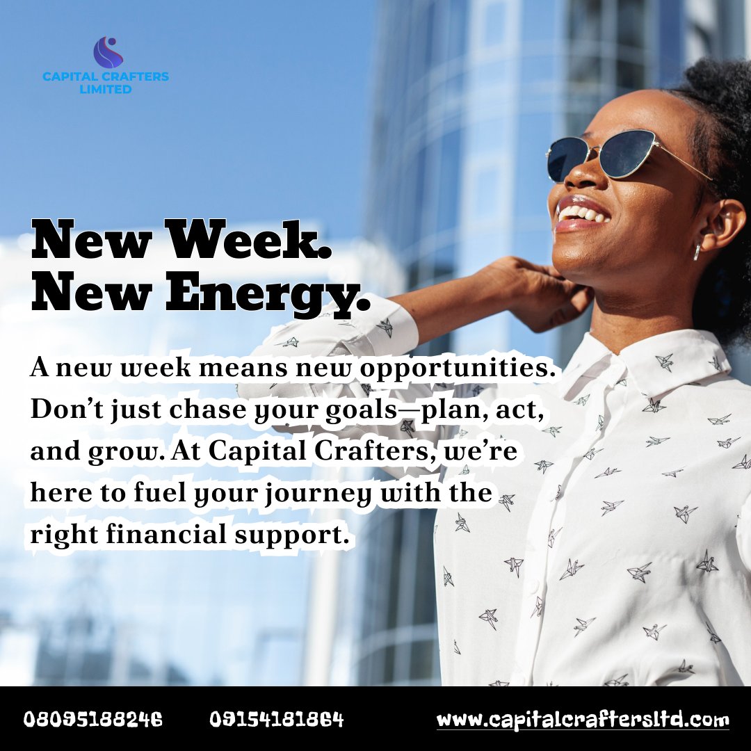 CapitalCraftltd's tweet photo. New week, new energy! 

Your goals aren't just for chasing they're for catching. Let's fuel your plan to make it happen.

📞 08095188246

🌐 https://t.co/Y0b3fQ2kFm

#MondayMotivation #NewWeek #BusinessGoals #Funding https://t.co/d42r5ehkQf