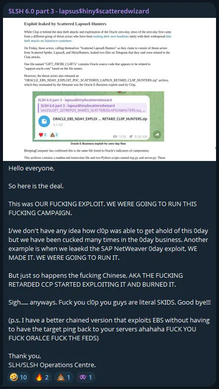 DailyDarkWeb's tweet image. #USA 🇺🇸 - Oracle has patched a critical zero-day (CVE−2025−61882) exploited by Cl0p, while another group, Scattered LAPSUS$ Hunters, now claims the exploit was originally theirs. dailydarkweb.net/oracle-patches…