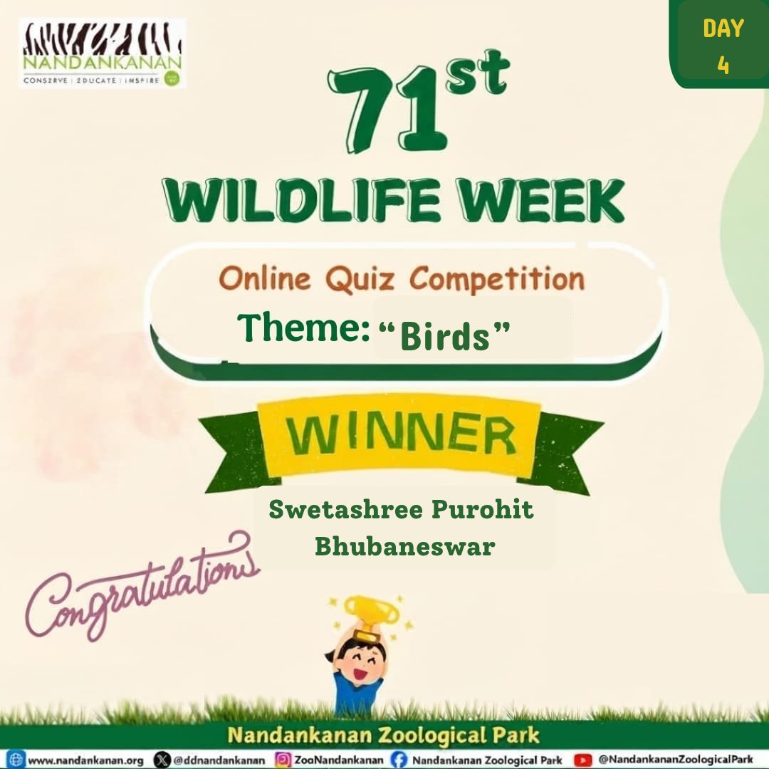 Winner of Day-4 online quiz on the topic "Birds".
<a href="/PCCFWL_Odisha/">PCCF WL & CWLW, Odisha</a>
<a href="/CZA_Delhi/">Central Zoo Authority</a>
<a href="/ForestDeptt/">Odisha Forest, Env. and Climate Change Department</a>
#wildlifeweek2025 #wildlifeweek