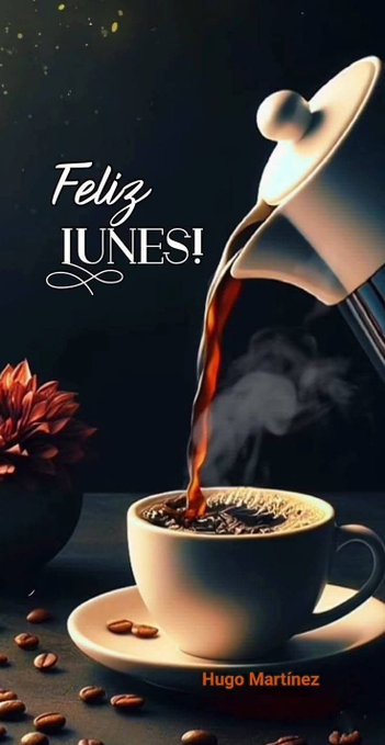 A white coffee pot pouring steaming coffee into a white cup on a saucer. Coffee beans are scattered on the dark surface beneath the cup. A flower arrangement with red petals is visible in the background. The text "Feliz Lunes!" is overlaid in white cursive font, and "Hugo Martinez" is written in orange at the bottom.