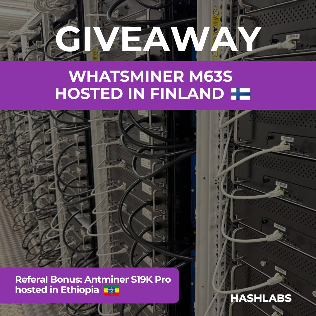 HashlabsMining's tweet image. 🚨Giveaway🚨
Win a WhatsMiner M63S hosted in Finland⚡️
1️⃣Engage with this post
2️⃣Fill out the form at hashlabs.io/contact
Referral Bonus: If you refer a friend who wins, you get an Antminer S19K Pro hosted in Ethiopia!
🕛 Deadline: Friday at 1600 UTC
Good luck🍀