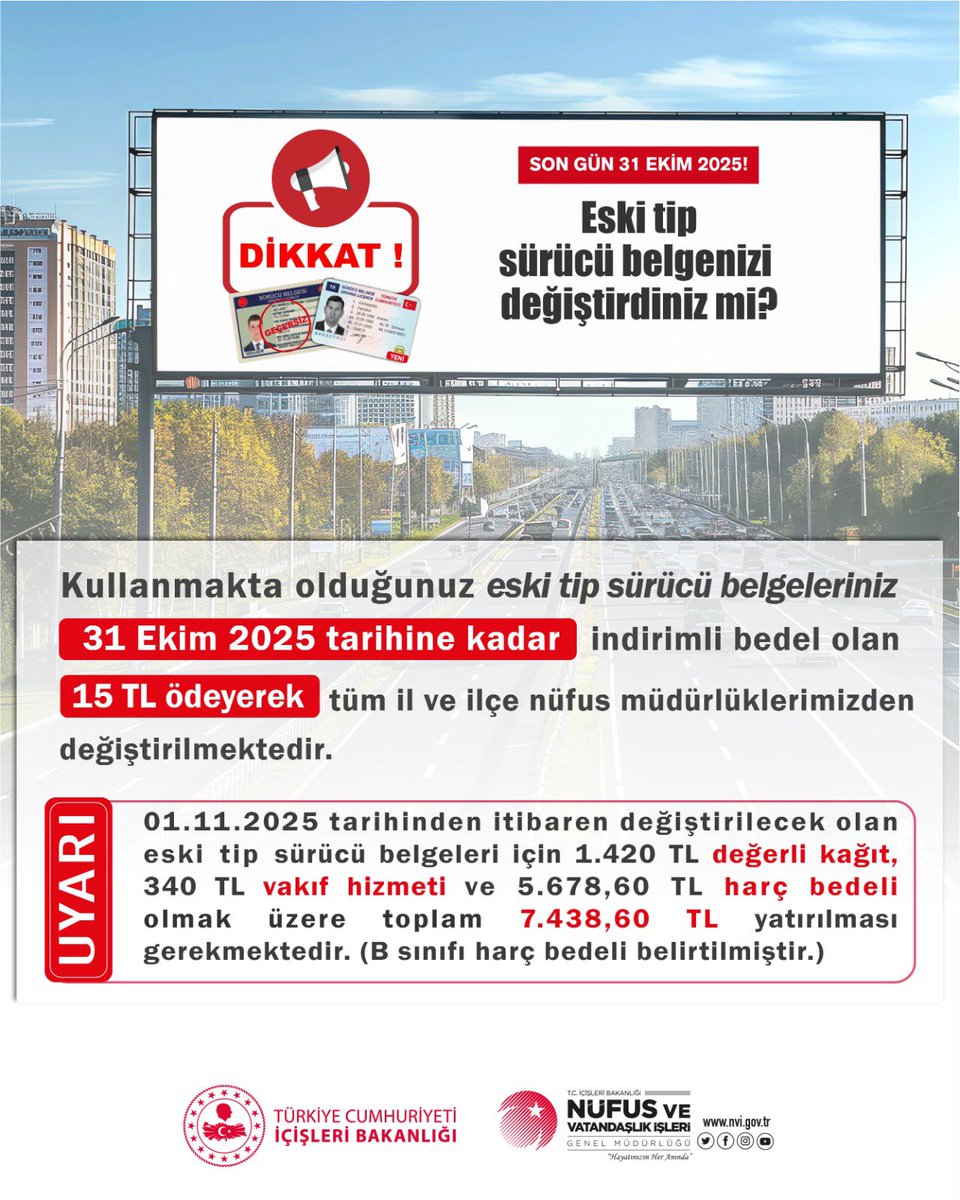 Eski tip sürücü belgesine sahip olan vatandaşlarımızın dikkatine‼️2016 yılı öncesinde düzenlenen sürücü belgelerinin son kullanım tarihi 31 Ekim 2025’tir.
Alo 199  Randevu.nvi.gov.tr ve e-Devletten randevu alarak başvurularınızı gerçekleştirebilirsiniz.
<a href="/vahap_yilmaaz/">Vahap YILMAZ🇹🇷</a>