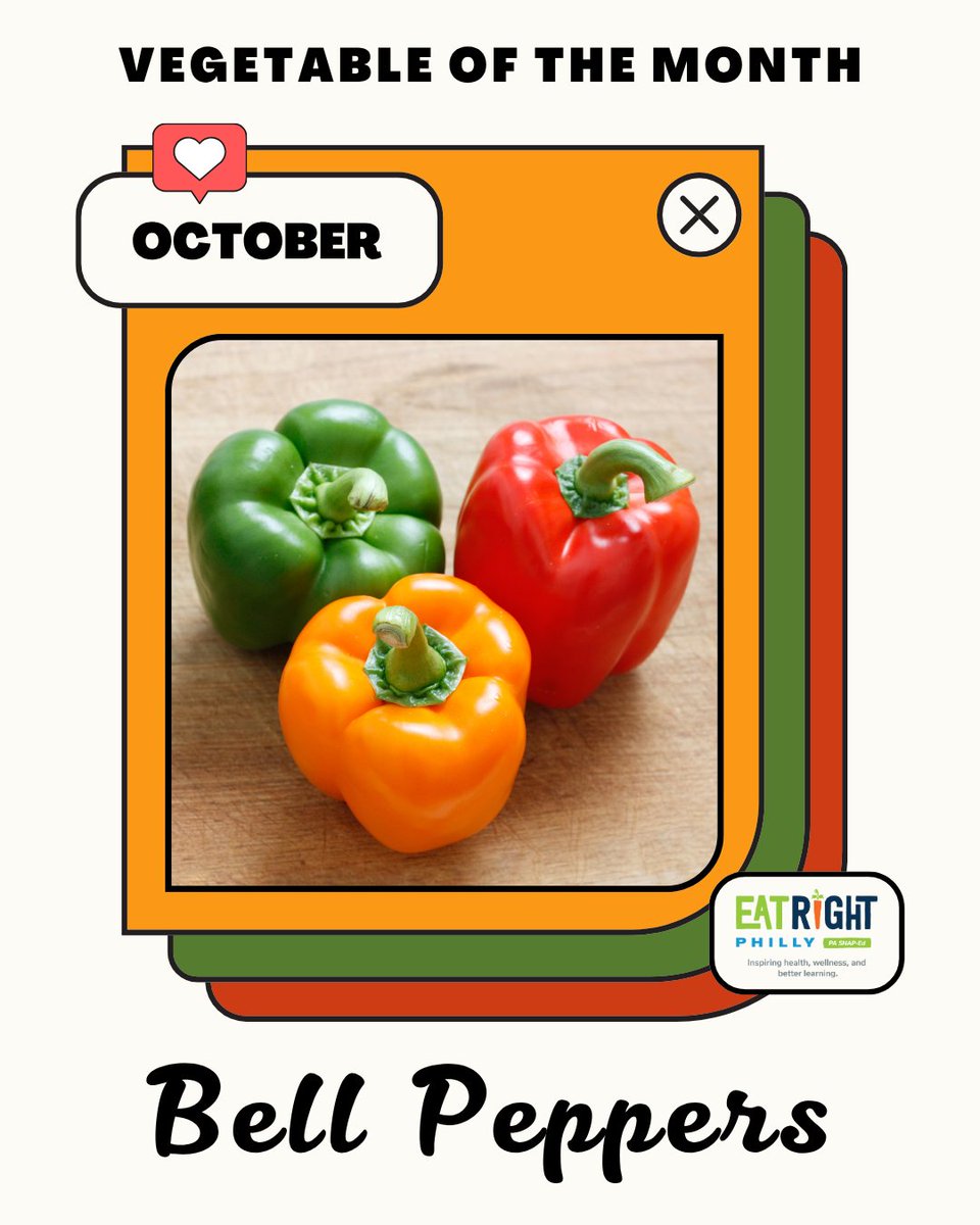 EatRightPhl_DRX's tweet image. The October Vegetable of the Month is the bell pepper! This veggie is as colorful as it is versatile, and is popular worldwide. Try a bell pepper today! #EatRightPhilly #SnapEd #SnapEdWorks #BeHealthyPA #FruitorVegetableoftheMonth #BellPeppers