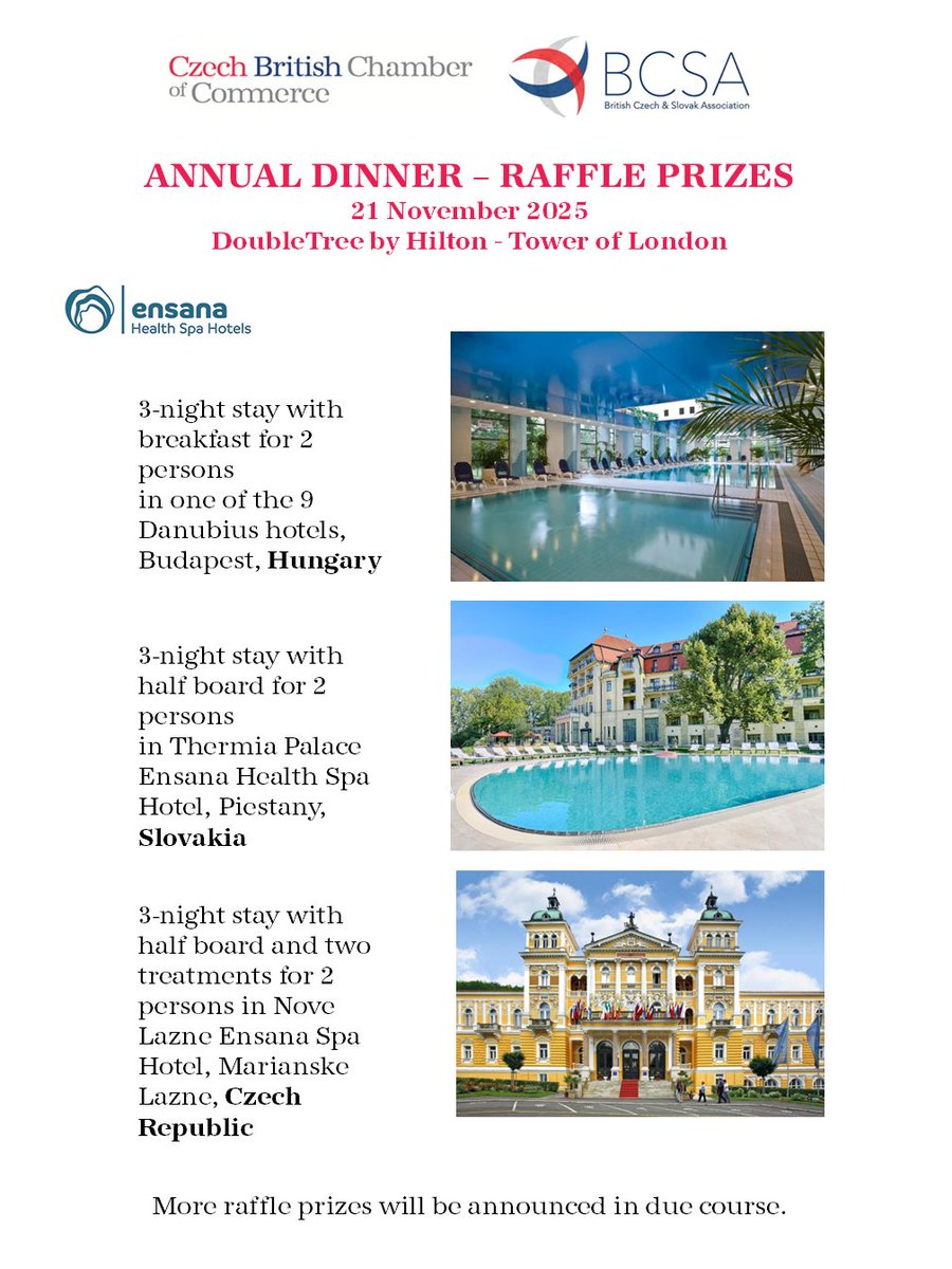 ✨First raffle prizes announced!
Join us for an unforgettable evening of networking, celebration, and indulgence at our Annual Dinner on 21 November 2025, at the DoubleTree by Hilton - Tower of London. 👇
tickettailor.com/events/czechbr…
We look forward to welcoming you!