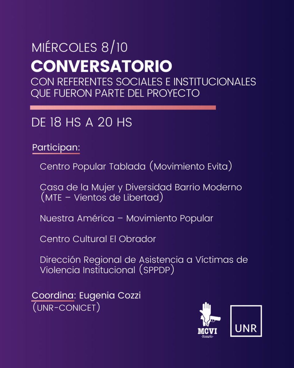 MultisectorialI's tweet image. 🟪 PRESENTACIÓN: ¿PAZ PARA QUIÉN?

🗓️ Miércoles 8/10, 16 hs.
📍 SUM - FCPOLIT

Relevamiento comunitario y colaborativo sobre prácticas policiales y fuerzas de seguridad, sucedidas en espacios públicos y/o privados, en barrios populares de la ciudad de Rosario, prov. de Santa Fe.