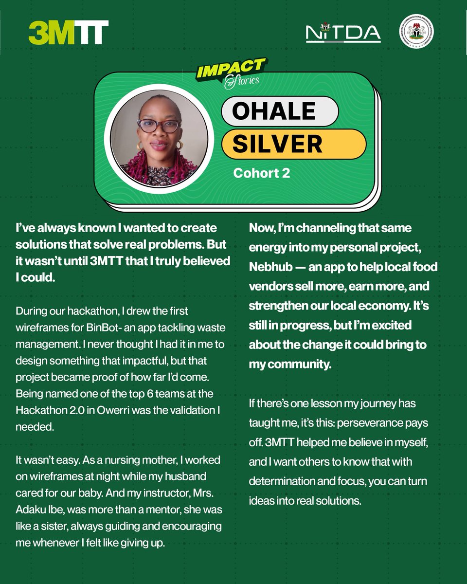3MTTNigeria's tweet image. From late nights sketching wireframes while caring for her baby, to creating BinBot, an app that tackles waste management & placed her team in the top 6 at the 3MTT Hackathon, Chioma’s journey is one of grit, belief, and transformation.
#3MTT #Impactstory #techskills