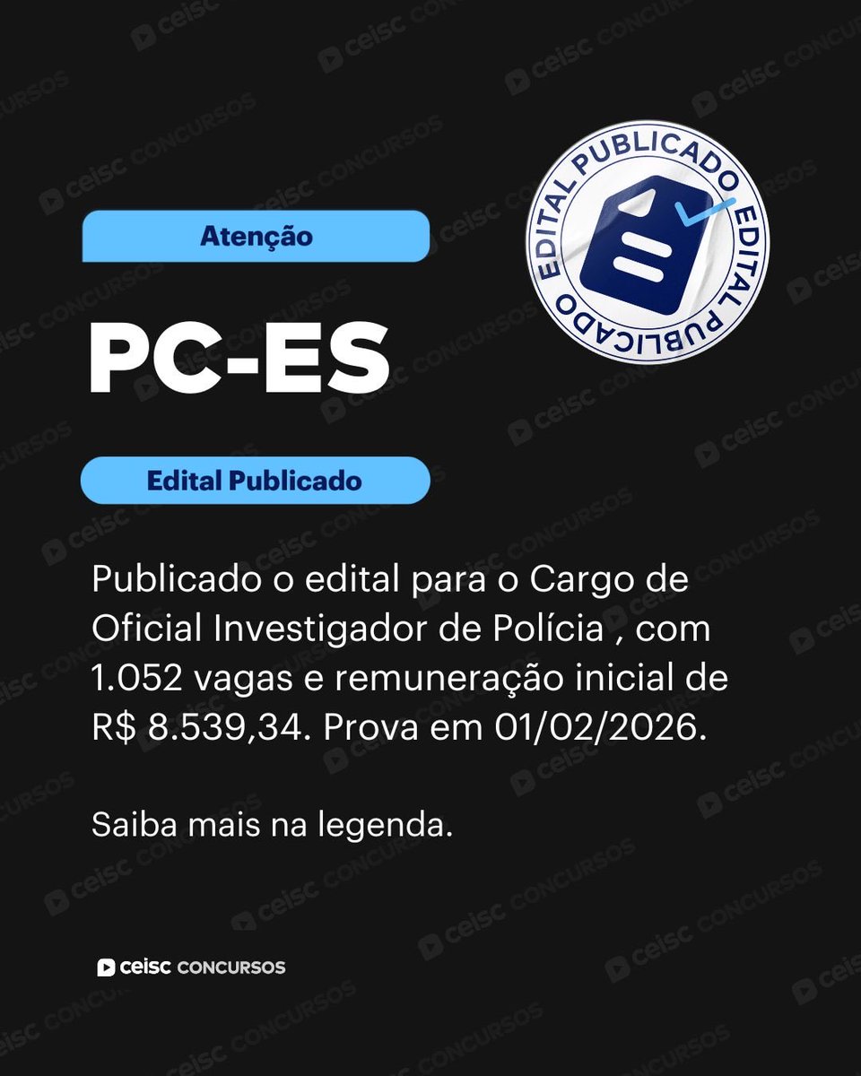 Saiu o edital da PC-ES | Oficial Investigador de Polícia!

Com organização da banca Ibade, são 1.052 vagas para quem possui superior em qualquer área. Prova objetiva é em 01/02/2026.

Comece a se preparar agora em ceisc.com.br

#EditalPCES
