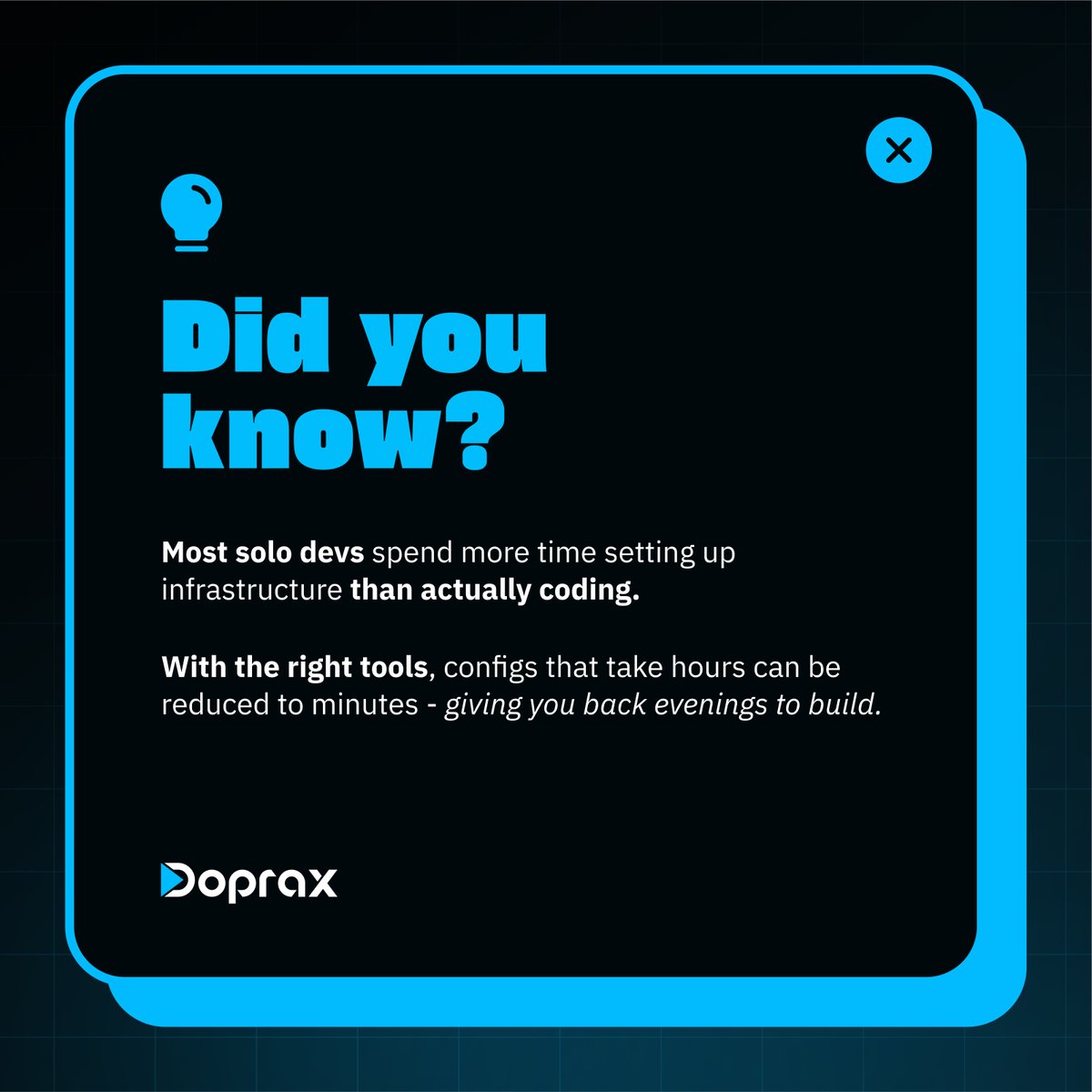 doprax's tweet image. Good ideas stall when infrastructure becomes the obstacle.
 Today: choose tools that move you forward again.

Ship your idea faster with Doprax: 
doprax.com 

 #SoloDevLife #InfraFreedom #BuildFast