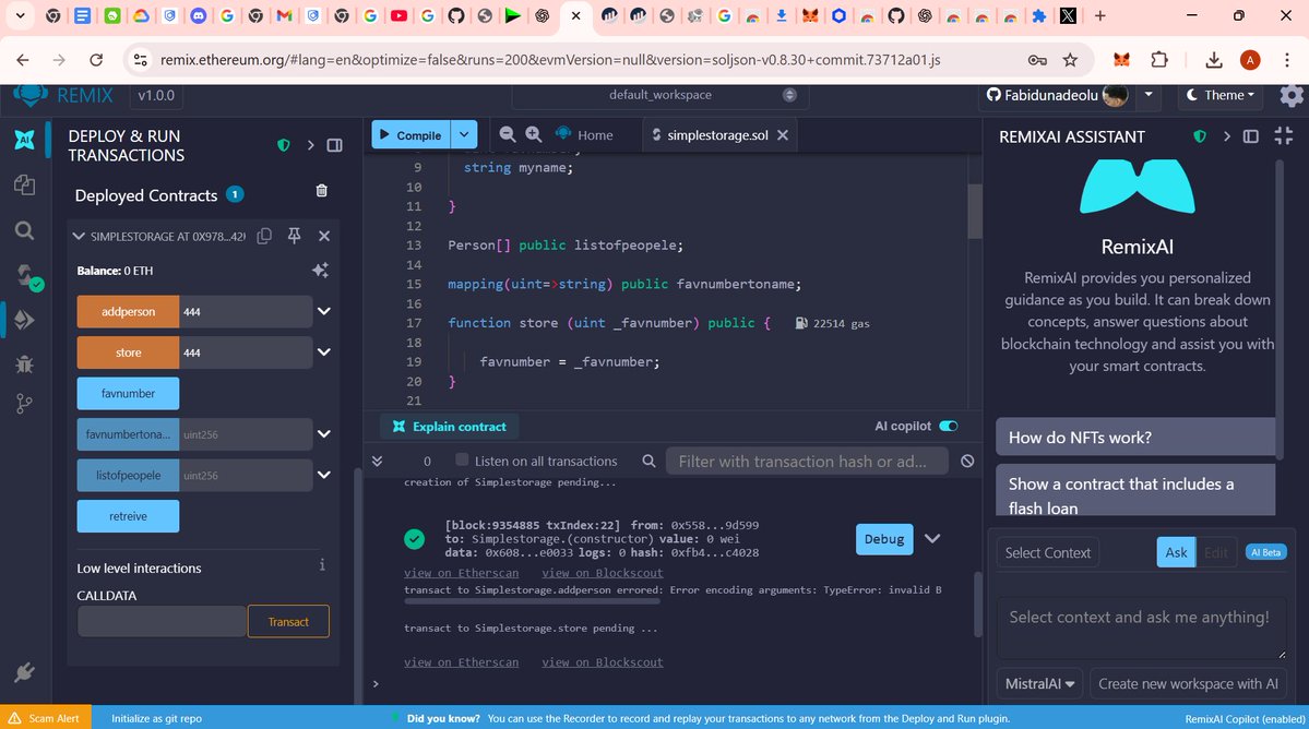 OtfFab's tweet image. Just deployed my first smart contract! 🎉
Learned about variables, functions, arrays, structs, and mappings with @CyfrinUpdraft.
Huge thanks to @PatrickAlphaC and the Cyfrin fam for the knowledge boost! 🚀
#Solidity #Web3 #Blockchain