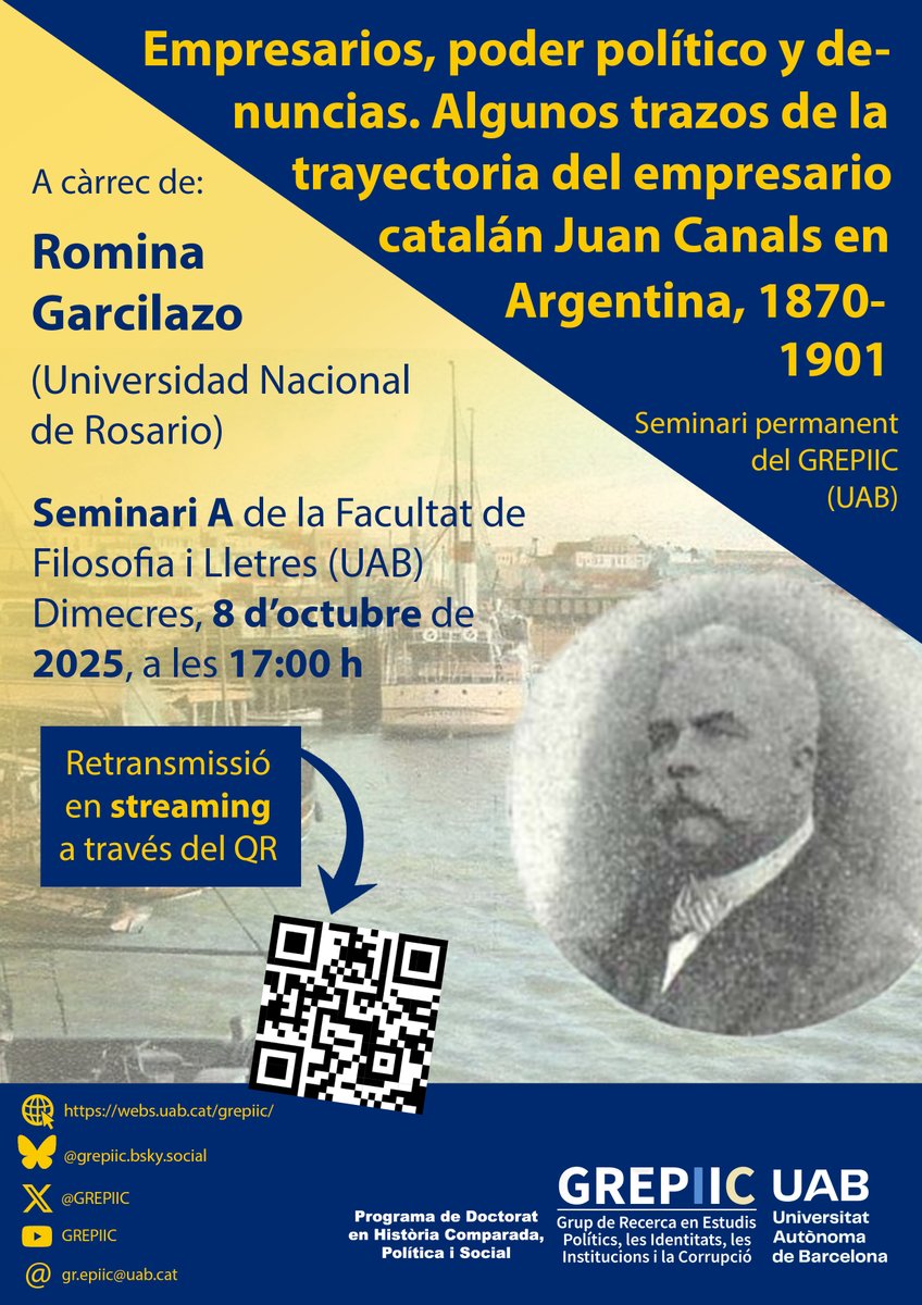 GREPIIC's tweet photo. ⚠️Recordeu⚠️
Aquesta setmana reprenem el nostre seminari permanent amb Romina Garcilazo i la seva ponència sobre Juan Canals: un empresari gracienc que va fer fortuna a l'Argentina!

🗓️8 d'octubre
🕔17:00  
📍Seminari A de @uablletres 

En streaming a: https://t.co/Gi648UkQrx https://t.co/cGvIuAKYnv