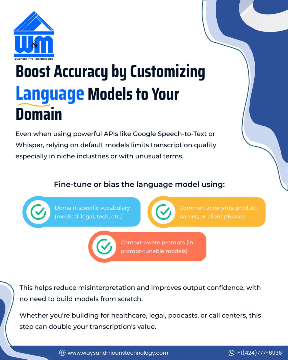 WMTechnology's tweet image. Tech Tip Tuesday:
Boost transcription accuracy by adapting language models with your domain terms.
Custom prompts &amp;gt; generic models.
+1 (424) 777-6936 | waysandmeanstechnology.com
#SpeechToText #TechTip #WMTechnology