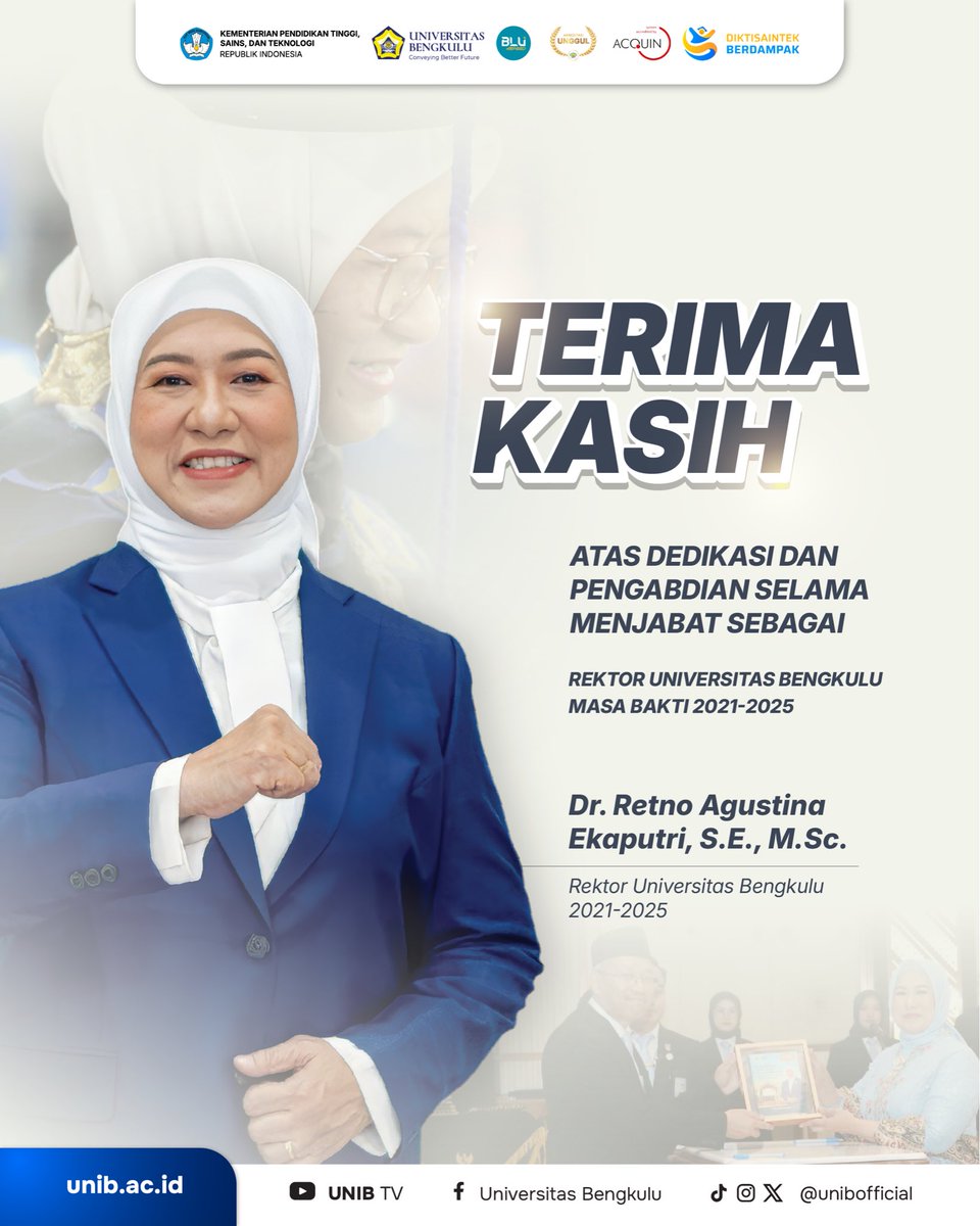 unibofficial's tweet image. Terima kasih kepada Ibu Dr. Retno Agustina Ekaputri, S.E., M.Sc. atas Dedikasi, Pengabdian dan Prestasi selama menjadi Rektor Universitas Bengkulu masa bakti 2021-2025

#unibunggul #unib #unibofficial #universitasbengkulu