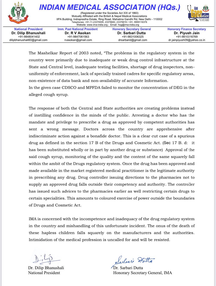 Since a lot of you Questioned Indian Medical Association for not taking stand regarding Dr Praveen Soni arrest in view of Cough syrup tragedy deaths 

Here is the official stand of Indian medical Association <a href="/IMAIndiaOrg/">Indian Medical Association</a> 

This arrest is not justified and we stand with him 🙌🏻