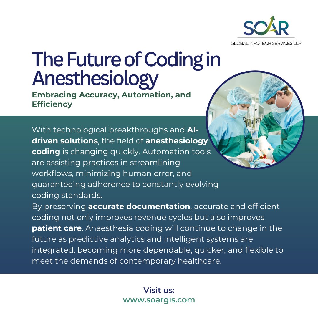 Socialmedi16996's tweet image. Innovation is shaping the future of anesthesiology coding. With automation, AI, and predictive analytics, practices can simplify complexity, reduce errors, and ensure compliance#AnesthesiaCoding #AnesthesiaCodes #AnesthesiaMedicalCoding #CodingForAnesthesia #soar #soarglobal