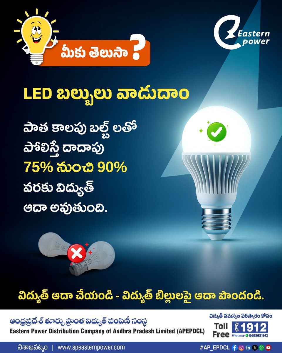 ap_epdcl's tweet image. LED బల్బులు వాడితే పాత బల్బులతో పోలిస్తే 75%–90% వరకు విద్యుత్ ఆదా అవుతుంది.
విద్యుత్ ఆదా చేయండి – బిల్లులపై భారాన్ని తగ్గించండి!
.
.
మరిన్ని వివరాల కోసం 1912 కి కాల్ చేయండి.
.
Visit Website apeasternpower.com
.
.
#APEPDCL #egovernance  #Electricitysafety #rainyseason…