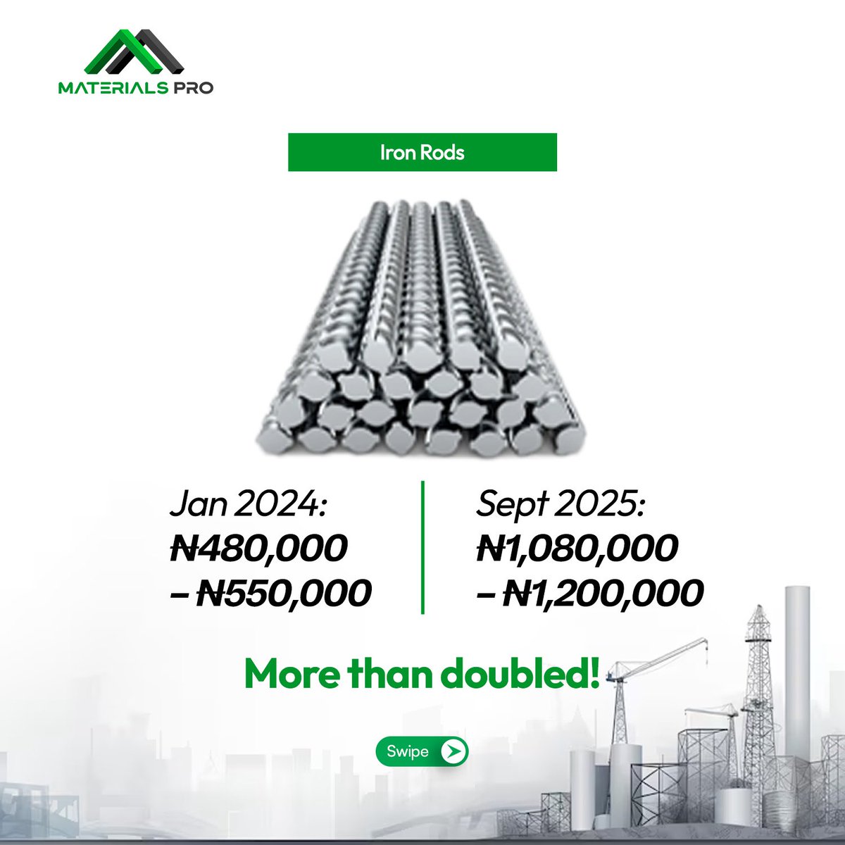 From 2024 to 2025, building material prices have been on the rise

With MaterialsPro, you can lock down today’s prices for your next project an

📞 Call 0916 540 7978 now to get a quotation and secure your materials price before the next hike.

#buildingmaterialsupplierinlagos