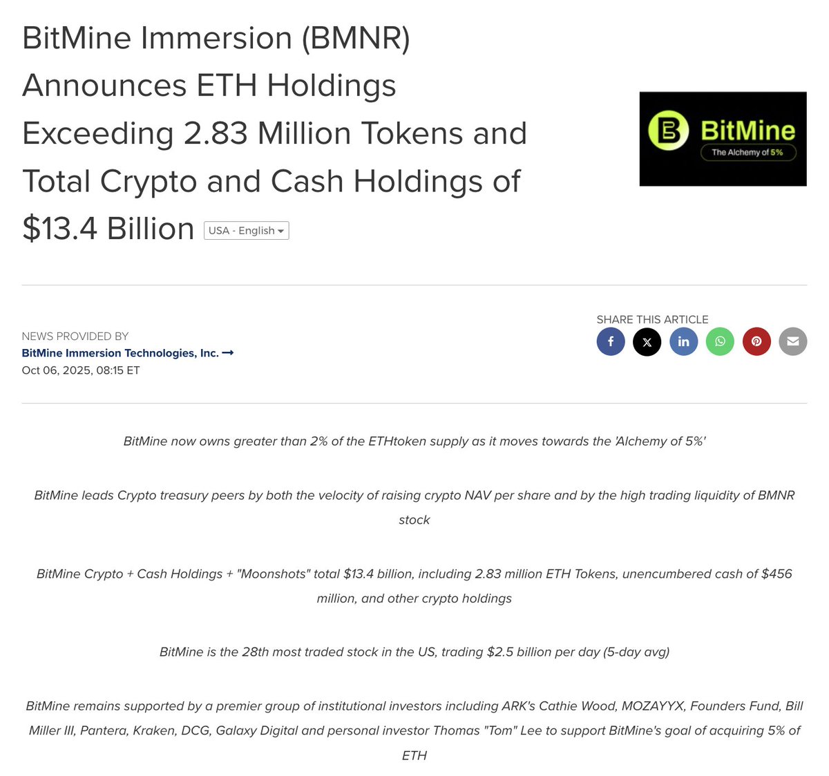 TomLeeTracker's tweet image. TOM LEE AND $BMNR JUST UPDATED THEIR ETHEREUM HOLDINGS
Here's what they currently own as of October 5th:
- 2,830,151 Ethereum $ETH up from 2.65M ETH on September 28th
- 192 Bitcoin $BTC
- $456M of unencumbered cash
- $113M stake in Eightco