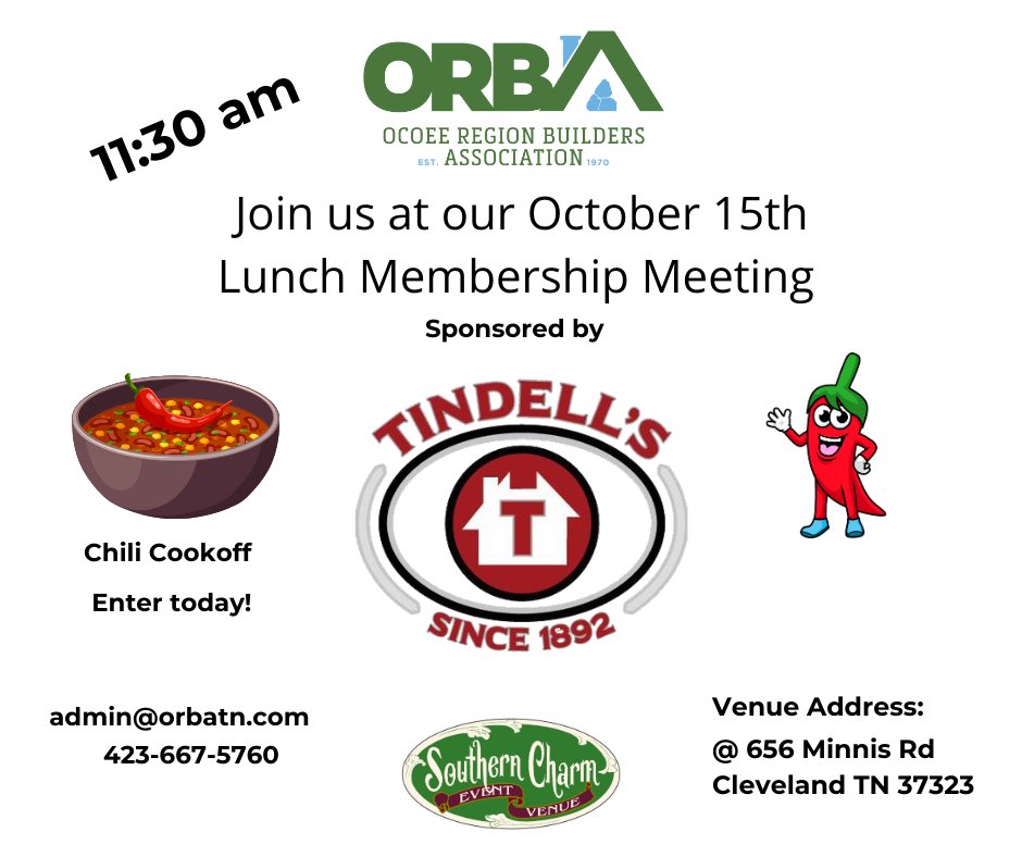 OcoeeRegion's tweet photo. Enter your chili in our Cook-Off?! Hope to see you there. Our October membership meeting is Sponsored by @TindellsInc https://t.co/xrqmBefM1N