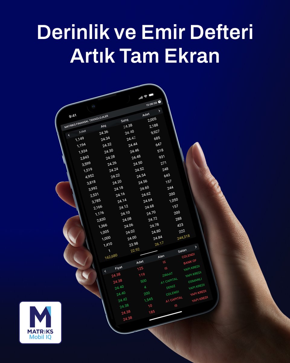 Matriks Mobil IQ’nun güncellenmiş versiyonu yayında!
🔸Derinlik ve Emir Defteri artık tam ekran.
🔸Ayrıca tek dokunuşla açıp kaldığınız yerden devam edebilir, emir ekranından istediğin kademeye hızlıca emir gönderebilirsiniz.