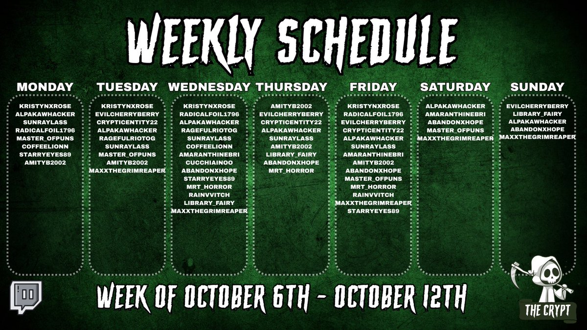 CryptCommunity's tweet image. This Week&apos;s Schedule for the Lovely Crypties: