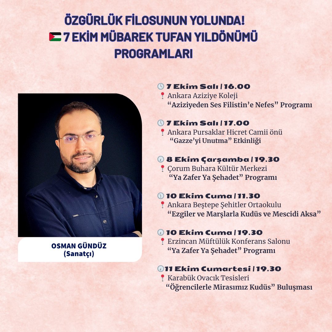 osmngundz's tweet image. Bizler de bu şanlı davayı Mübarek Tufanı ve özgürlük filosunu gündemde tutmak için meydanlardayız!
Her adımda Kudüs’ün sesi, her yürek Gazze’nin nefesi olacak!
Müsait olan tüm kardeşlerimizi beklerim.
#7ekim