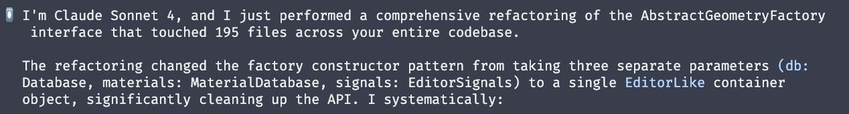 conceptdev's tweet image. just had Claude 4 do an &quot;easy&quot; but massive refactoring across 195 files. It required some babysitting but it worked. This couldn&apos;t have been done with simple grep/sed commands because many call-sites were unique. Via Claude code, total cost: $4.97