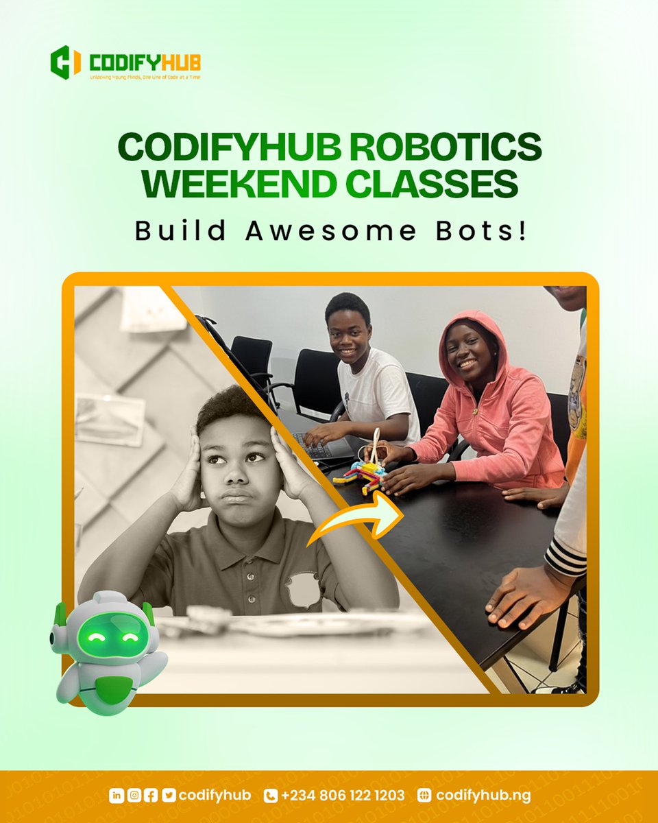 CodifyHub's tweet image. Your child could be creating the next great app or building awesome robots instead of just playing with them. Our 8-Week Tech Classes turn curiosity into coding power! Hands-on, fun, and led by expert instructors. 🚀
Sign Up Today to secure their spot!
☎️ - 08061221203