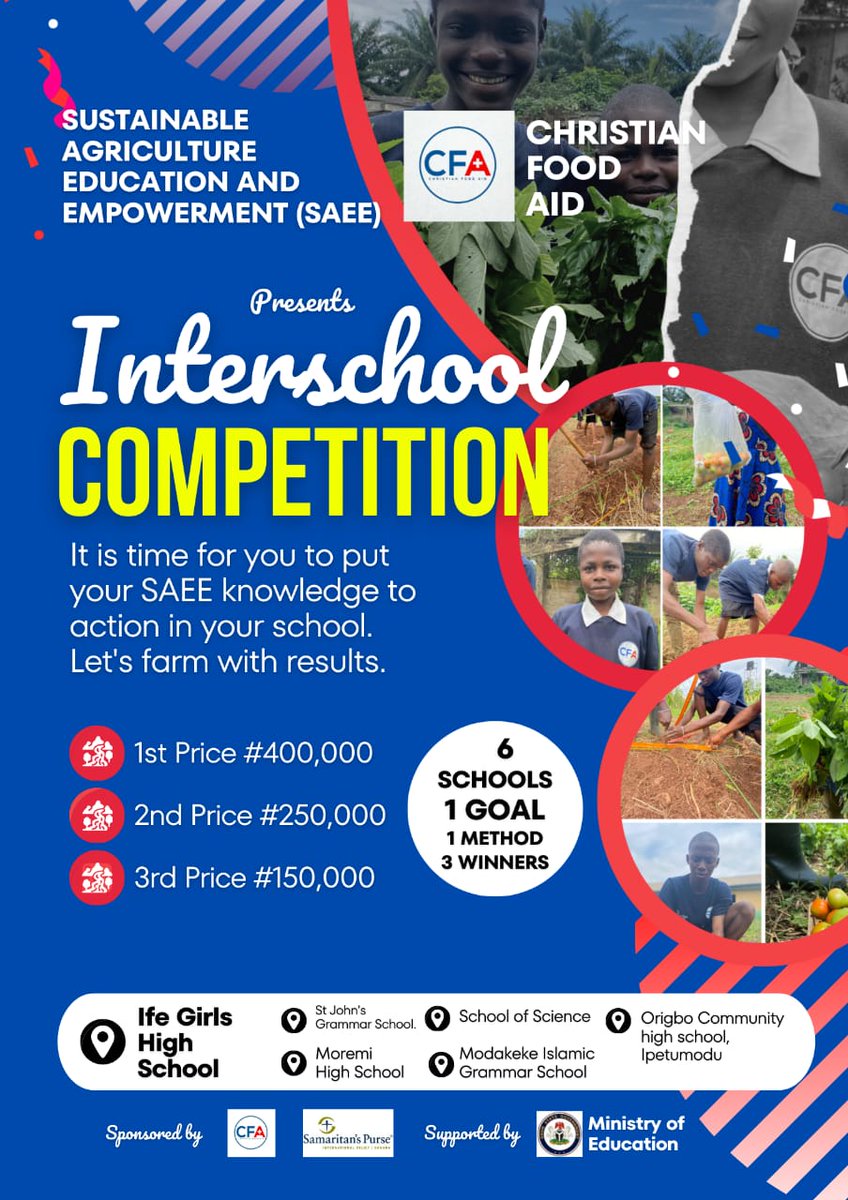 CFA_Intl's tweet image. We are beyond excited to officially unveil the SAEE Impact Interschool Competition (SIIC 1.0); a vibrant platform where knowledge meets creativity, and young minds come together to shape the future of sustainable agriculture.

#SAEEProject #ChristianFoodAid  #SamaritansPurse