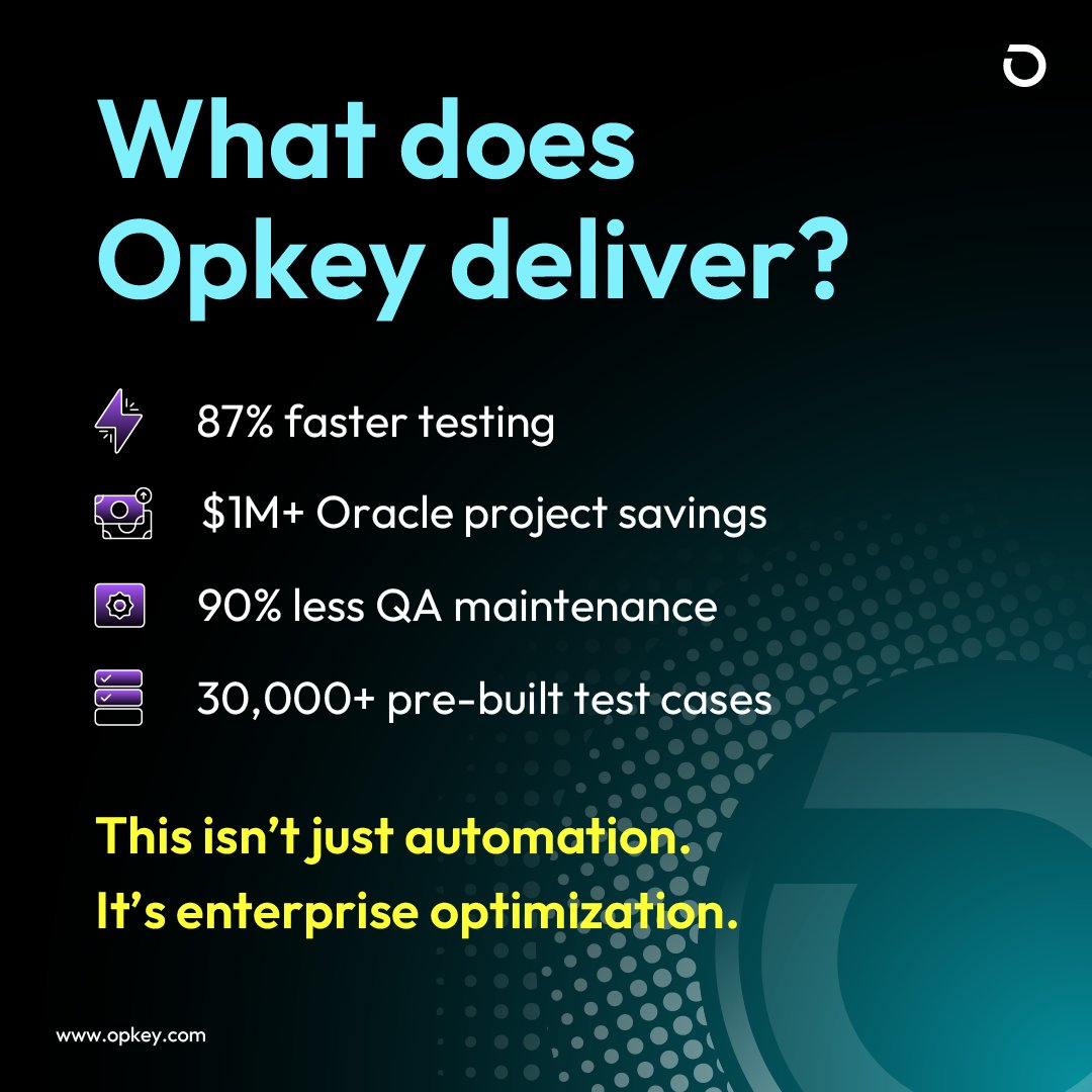 OpkeyAI's tweet image. These aren’t just numbers.
They’re proof that Opkey works.

Speed, savings, scalability - built in.

#Opkey #Automation #EnterpriseApps #AgenticAI #TestAutomation #Oracle #Workday