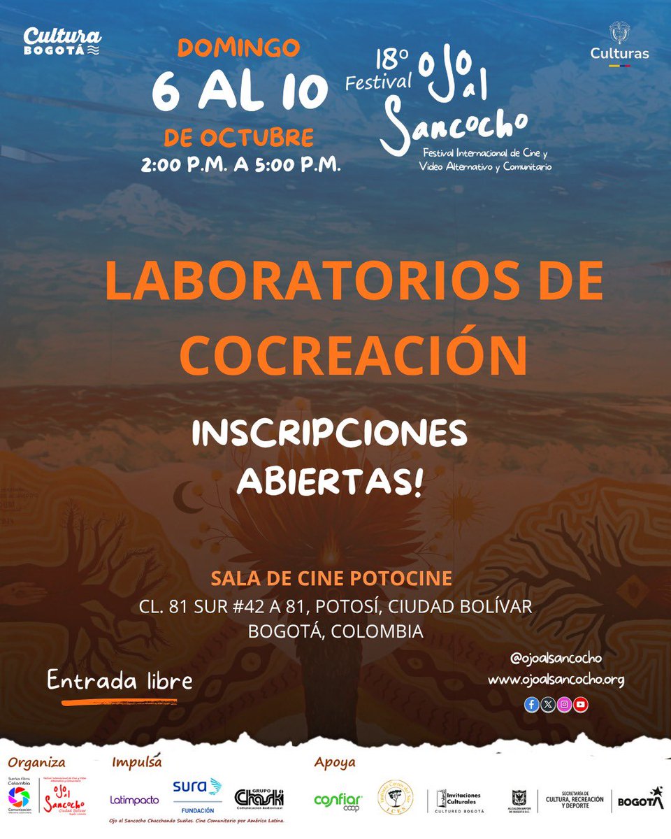 ¡Laboratorios Ojo al Sancocho 2025!
Te invitamos a ser parte de los Laboratorios de Co-Creación en Ciudad Bolívar, Bogotá.
🔗 Inscríbete aquí 👉 forms.gle/rPD3BC1xh2x68E…
#OjoAlSancocho #LaboratoriosDeCocreación #CulturaComunitaria #CiudadBolívar #Bogotá