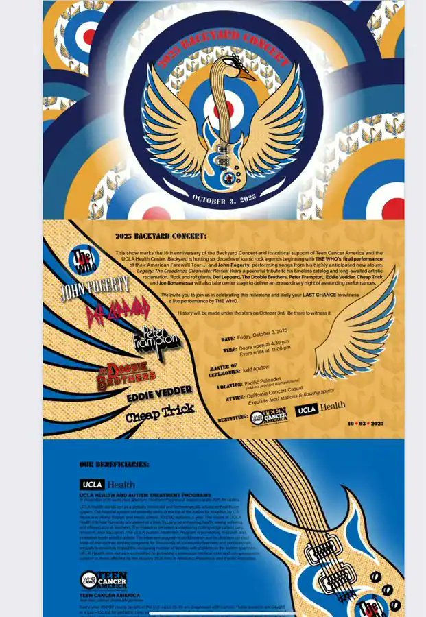 plasticosydecib's tweet photo. The Who lideró su 10º concierto "Backyard" en Los Ángeles, con Eddie Vedder, Def Leppard (acústico) y otros grandes. Apoyaron a Teen Cancer America. ¿Fue su adiós?
#TheWho #BackyardConcert #Rock #EddieVedder #DefLeppard
Toda la info👉 https://t.co/ElZaGOXAKQ https://t.co/HaOlNLzsZ3
