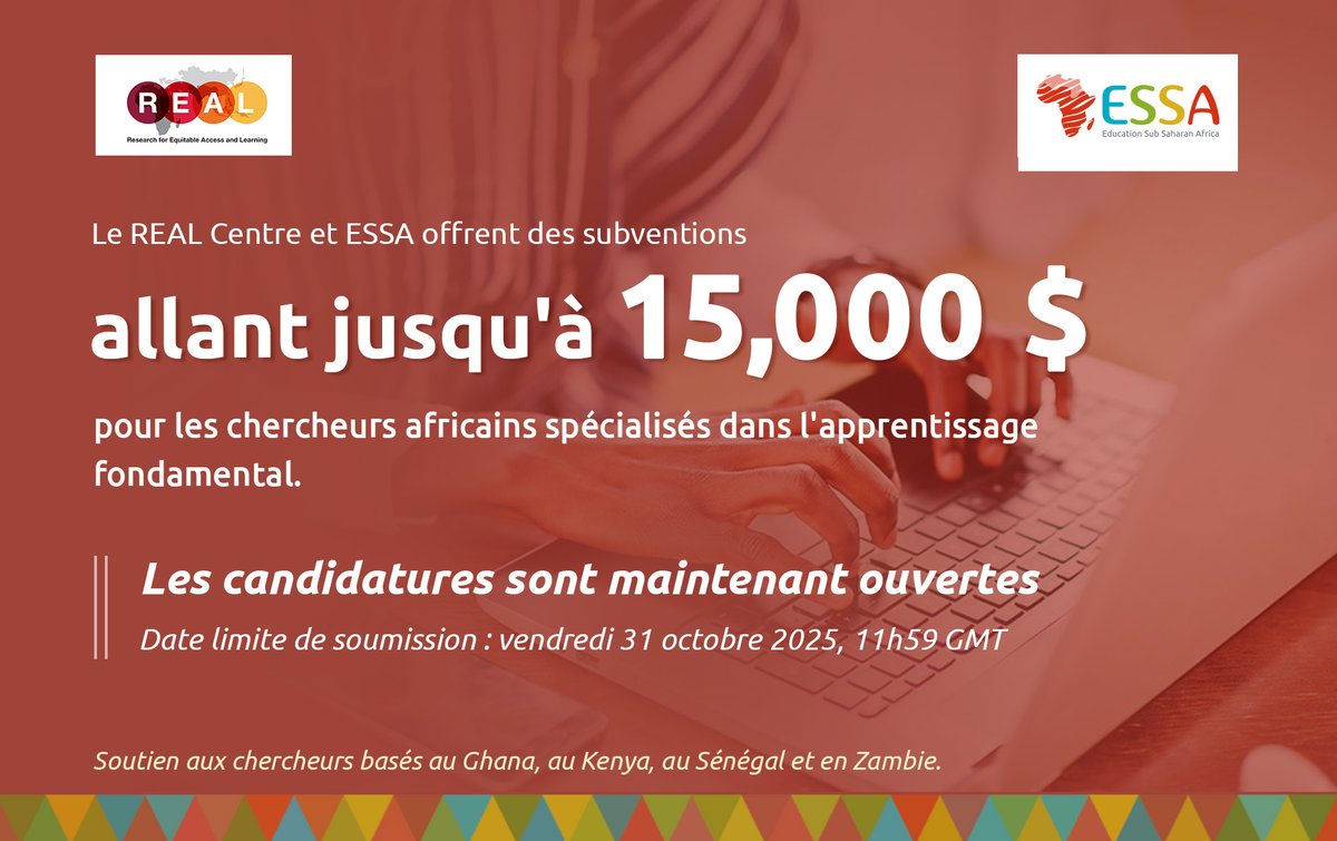 ESSA_Africa's tweet photo. 📢 Chercheurs au Ghana 🇬🇭, Kenya 🇰🇪, Sénégal 🇸🇳, et en Zambie 🇿🇲 :

Les candidatures sont ouvertes pour des subventions de recherche en Apprentissage Fondamental jusqu’à 15 000 $.

⏰ Date limite : 31 octobre 2025 
🔗 Postulez : https://t.co/ftNsKIiXfO https://t.co/kIOypoWmNd