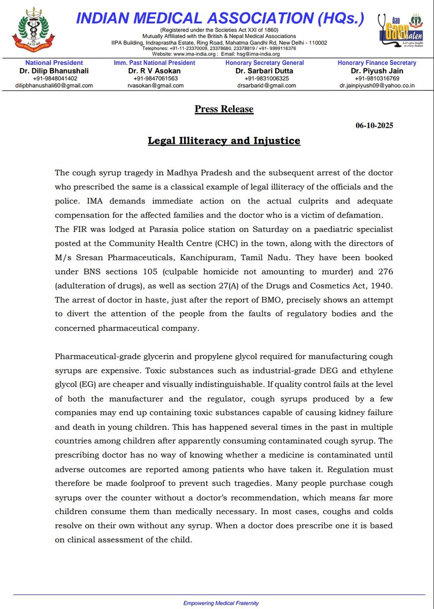 Indian__doctor's tweet photo. 🚨 Legal Illiteracy & Injustice!
In Madhya Pradesh, a doctor has been arrested over the tragic #CoughSyrup deaths ,even though the real fault lies with drug manufacturers and regulatory failure.

As per @IMAIndiaOrg:
➡️ Doctors can’t test for drug contamination.
➡️ CDSCO & MPFDA failed to monitor toxic DEG levels.
➡️ Arresting a doctor for prescribing an approved drug sends a dangerous message to the medical fraternity.

Stop blaming doctors for system collapse.
Fix the regulators, not the healers! 

#DoctorsNotCriminals #MedTwitter