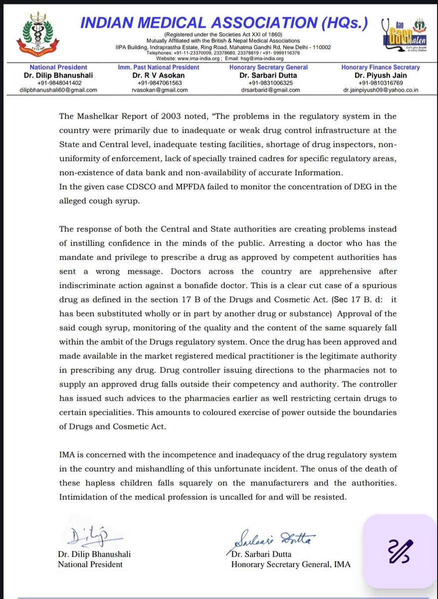 Indian Doctor🇮🇳 (@indian__doctor) on Twitter photo 🚨 Legal Illiteracy & Injustice!
In Madhya Pradesh, a doctor has been arrested over the tragic #CoughSyrup deaths ,even though the real fault lies with drug manufacturers and regulatory failure.
As per <a href="/IMAIndiaOrg/">Indian Medical Association</a>:
➡️ Doctors can’t test for drug contamination.
➡️ CDSCO & MPFDA 🚨 Legal Illiteracy & Injustice!
In Madhya Pradesh, a doctor has been arrested over the tragic #CoughSyrup deaths ,even though the real fault lies with drug manufacturers and regulatory failure.
As per <a href="/IMAIndiaOrg/">Indian Medical Association</a>:
➡️ Doctors can’t test for drug contamination.
➡️ CDSCO & MPFDA